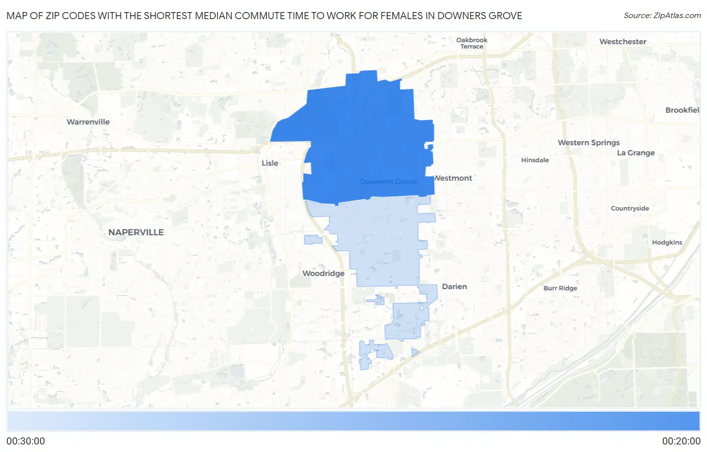 Zip Codes with the Shortest Median Commute Time to Work for Females in Downers Grove Map