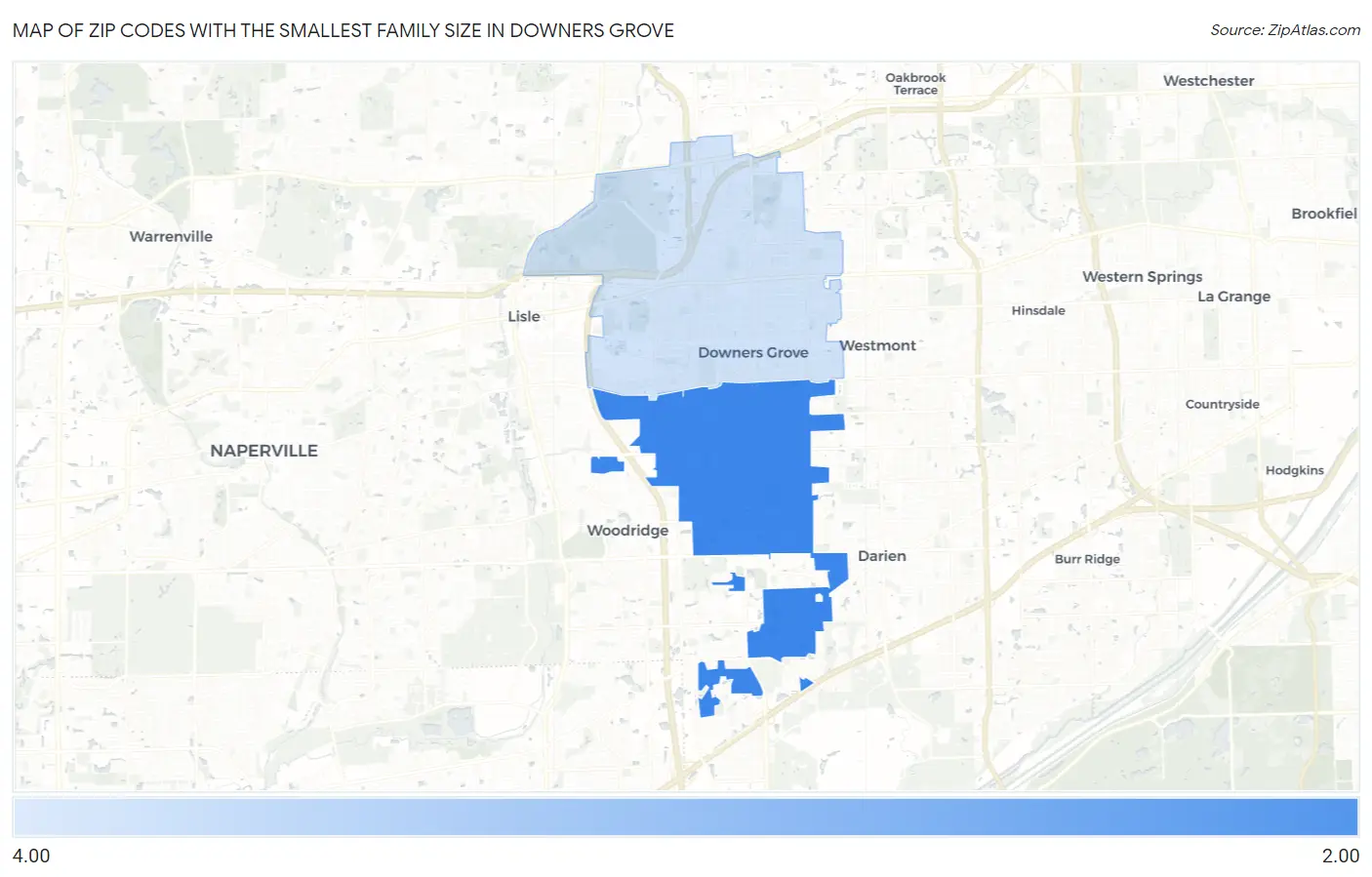 Zip Codes with the Smallest Family Size in Downers Grove Map