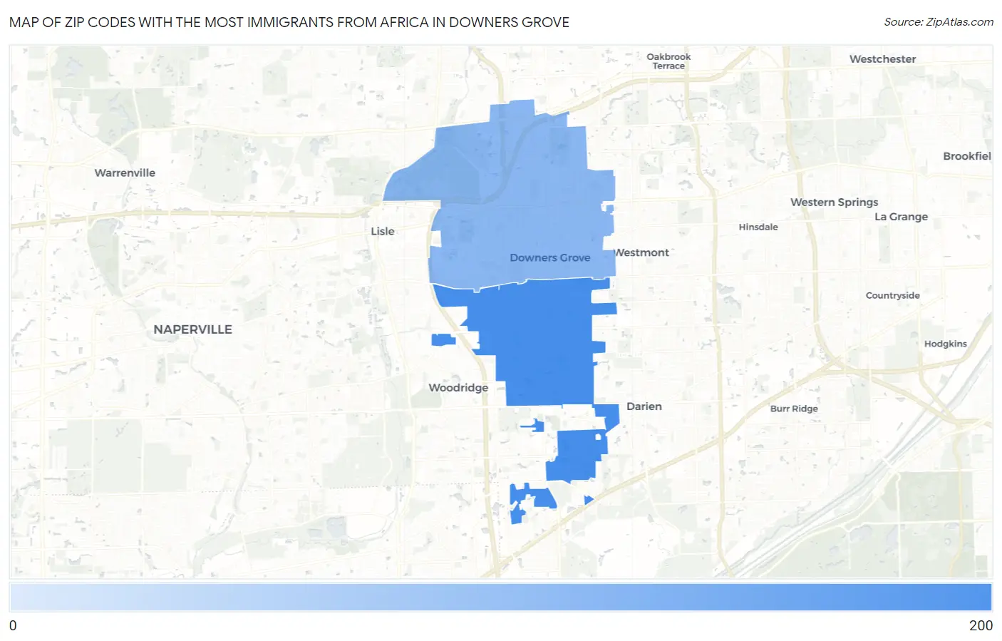 Zip Codes with the Most Immigrants from Africa in Downers Grove Map