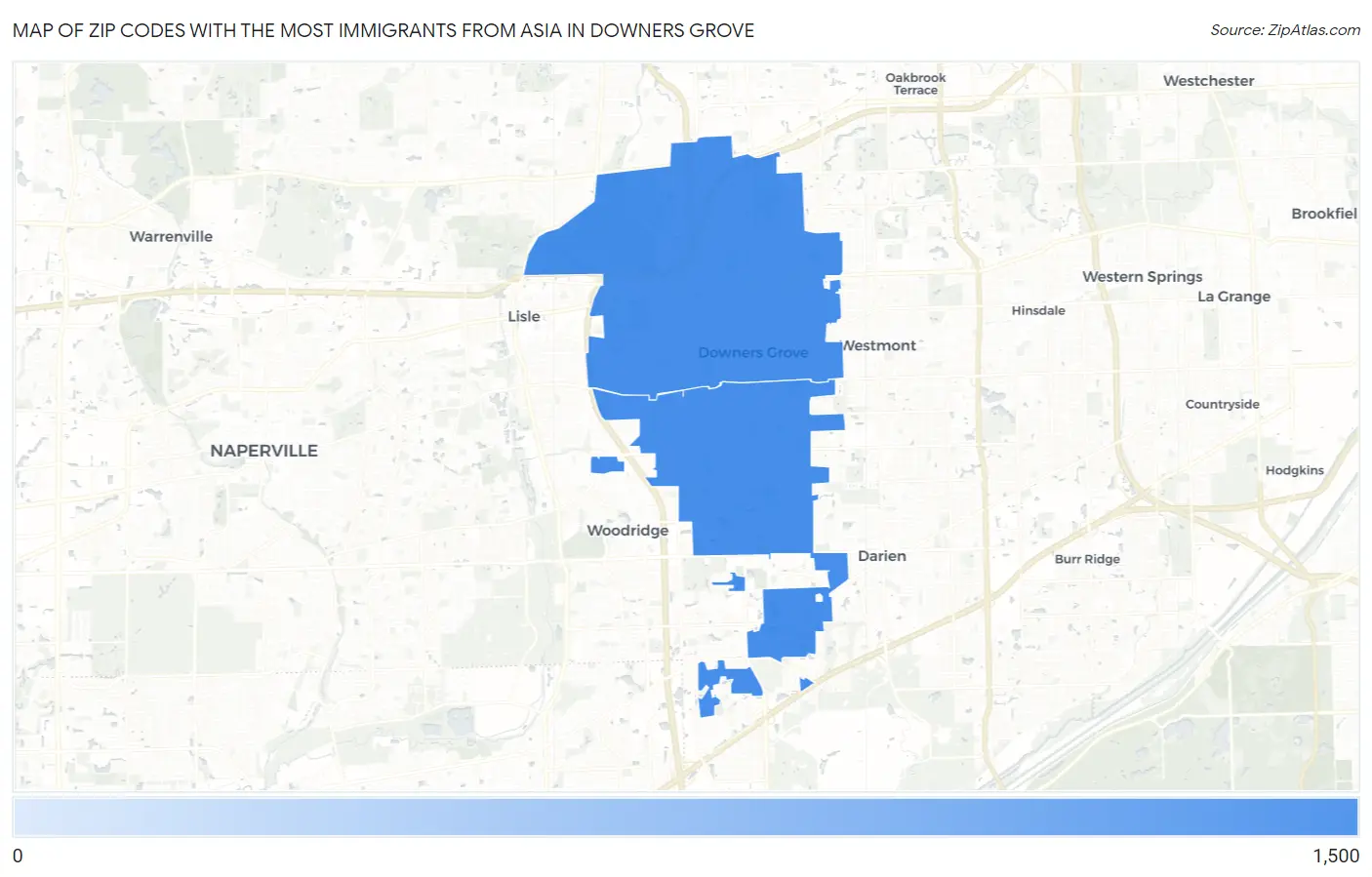 Zip Codes with the Most Immigrants from Asia in Downers Grove Map