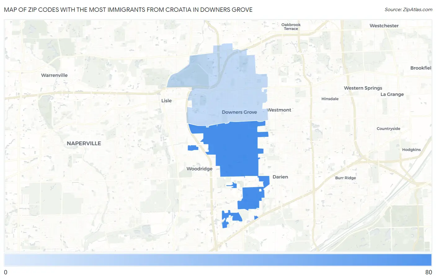 Zip Codes with the Most Immigrants from Croatia in Downers Grove Map