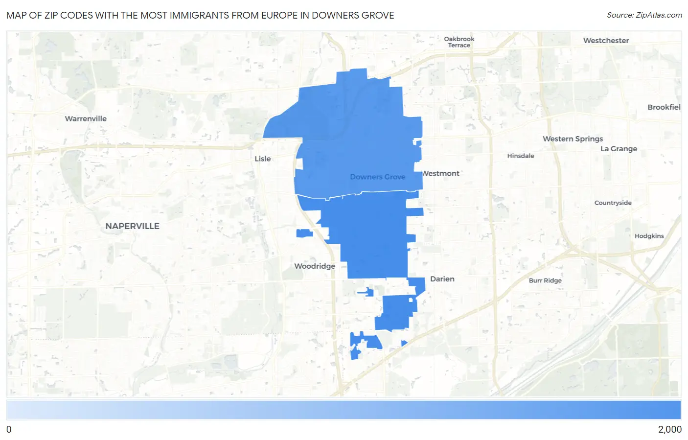 Zip Codes with the Most Immigrants from Europe in Downers Grove Map