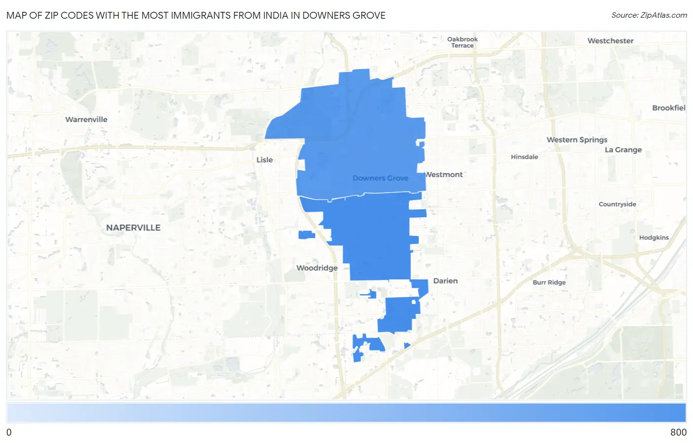 Zip Codes with the Most Immigrants from India in Downers Grove Map