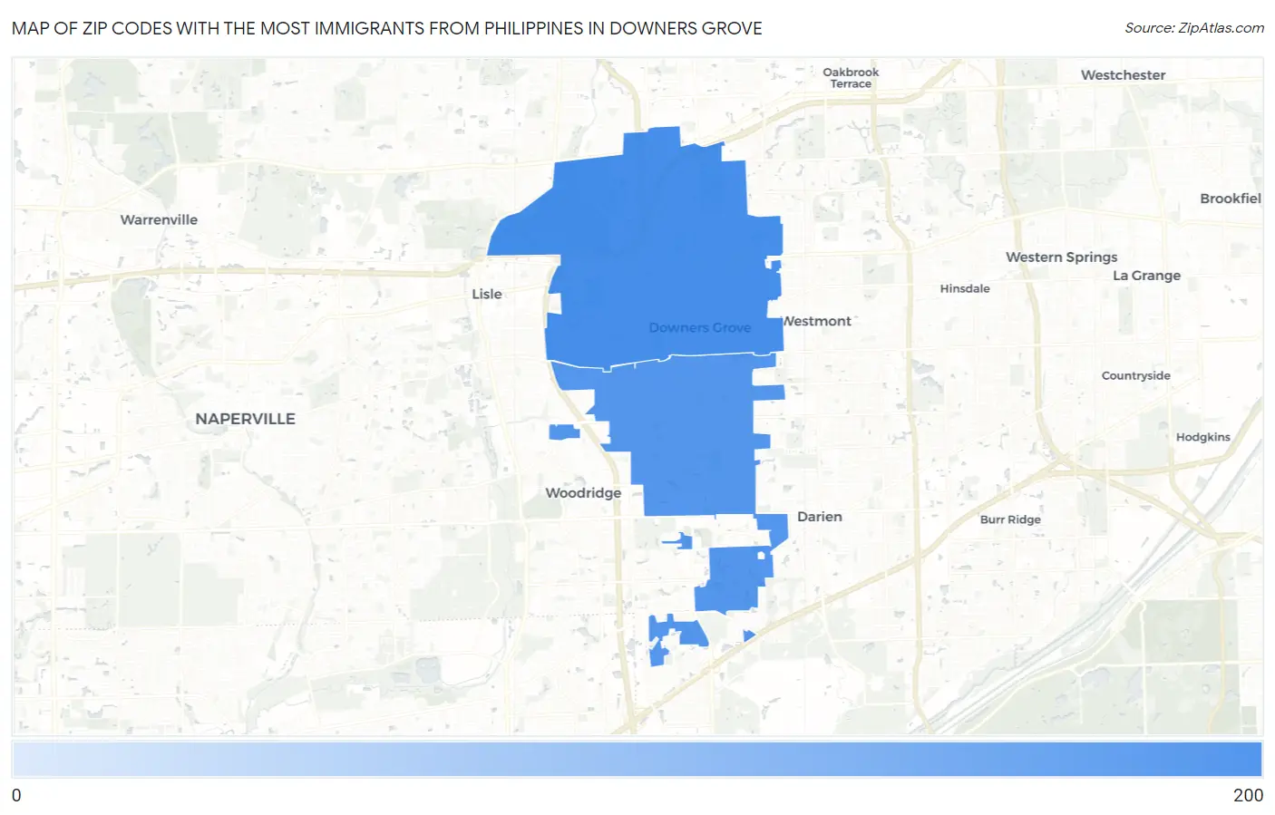 Zip Codes with the Most Immigrants from Philippines in Downers Grove Map