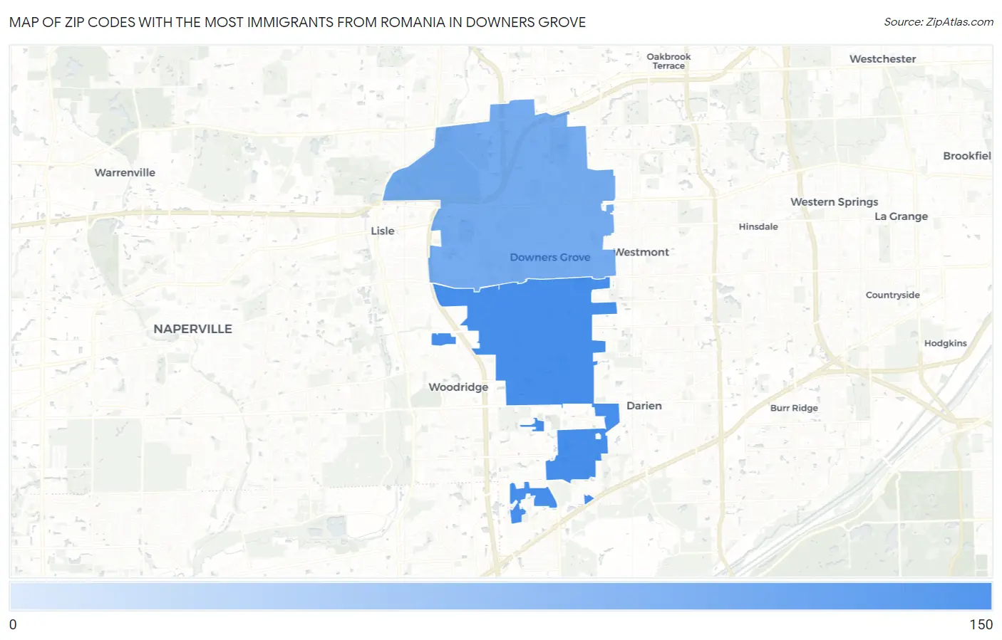 Zip Codes with the Most Immigrants from Romania in Downers Grove Map