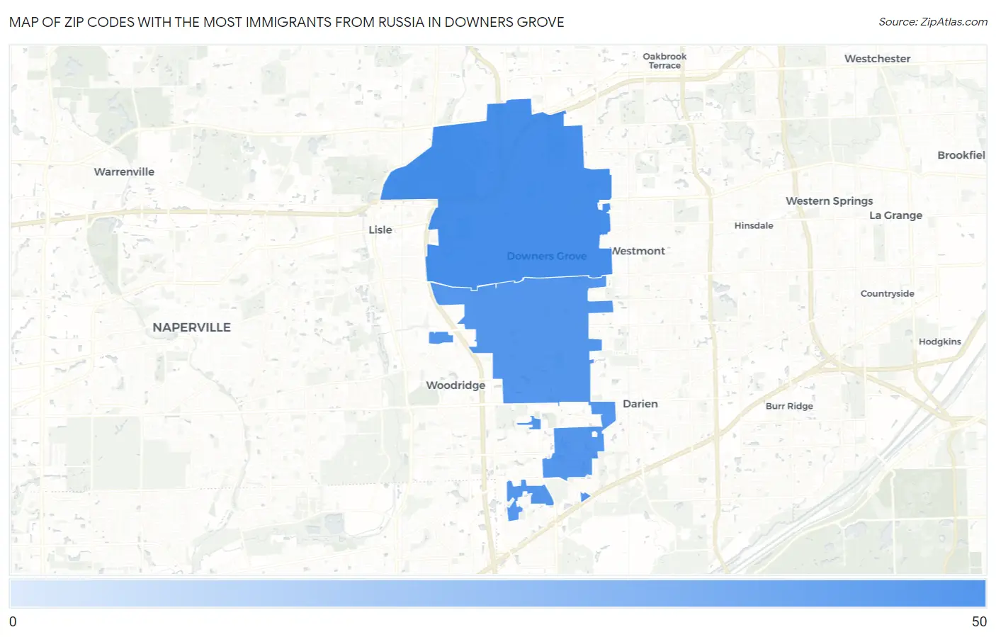 Zip Codes with the Most Immigrants from Russia in Downers Grove Map