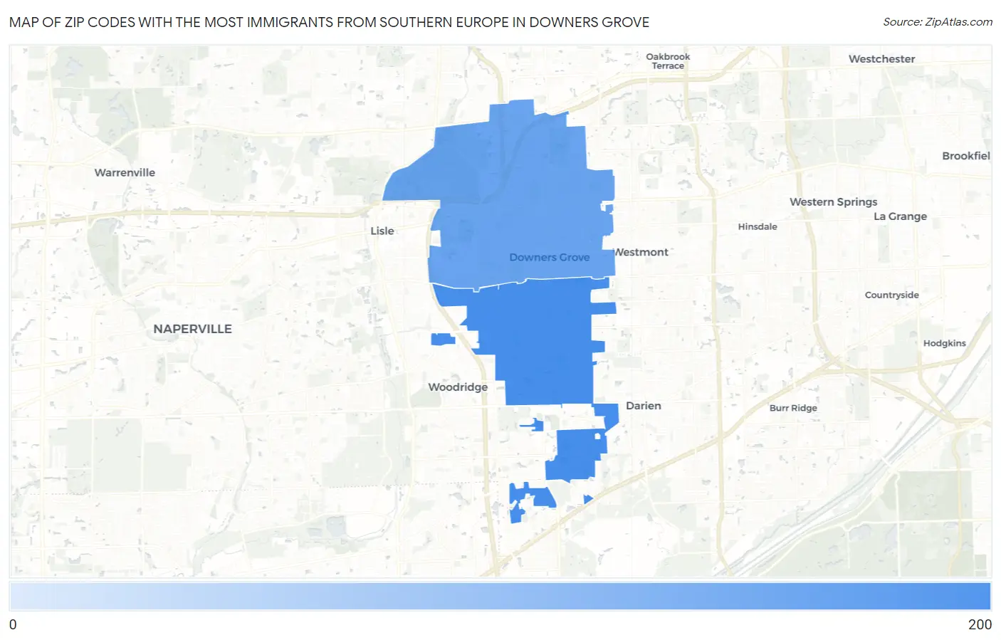 Zip Codes with the Most Immigrants from Southern Europe in Downers Grove Map