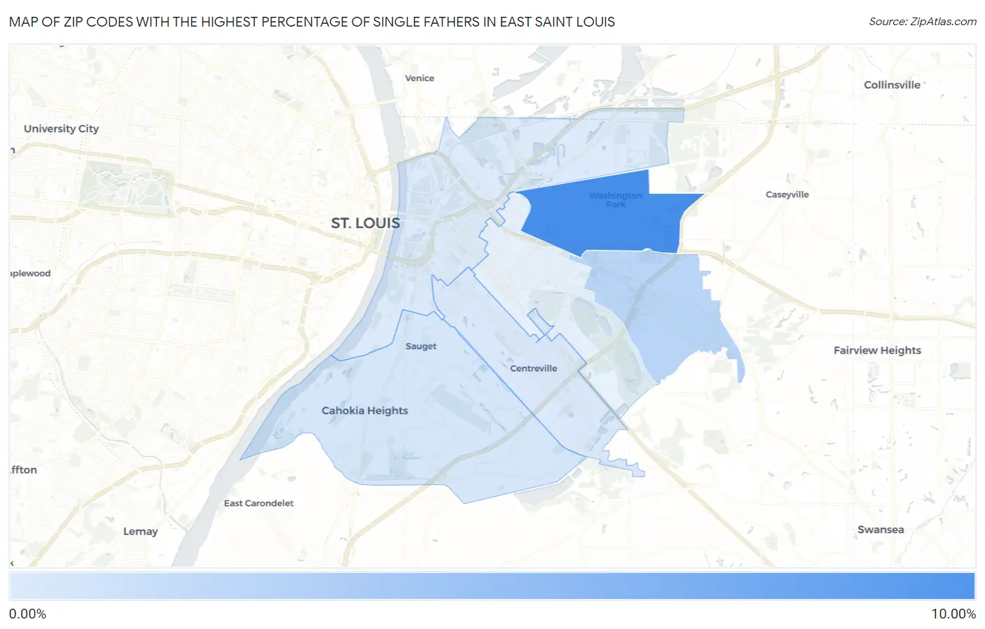 Zip Codes with the Highest Percentage of Single Fathers in East Saint Louis Map