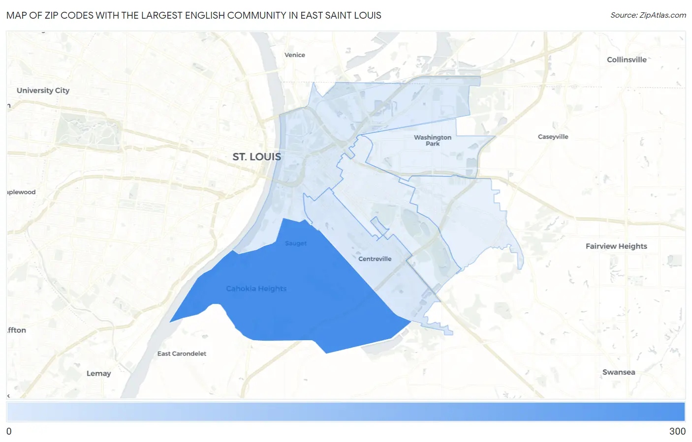 Zip Codes with the Largest English Community in East Saint Louis Map