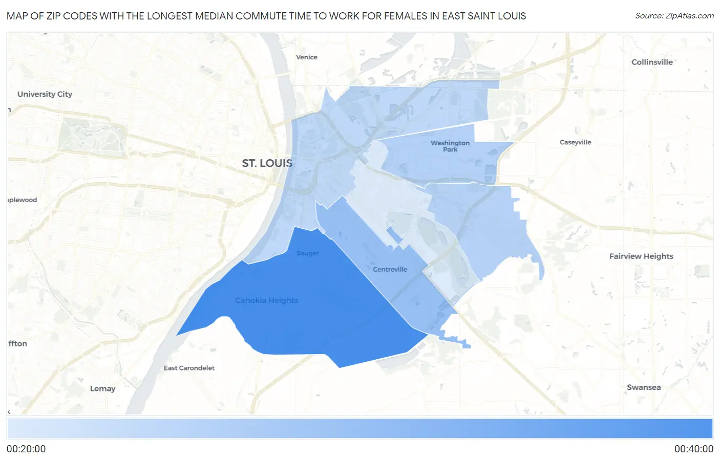 Zip Codes with the Longest Median Commute Time to Work for Females in East Saint Louis Map