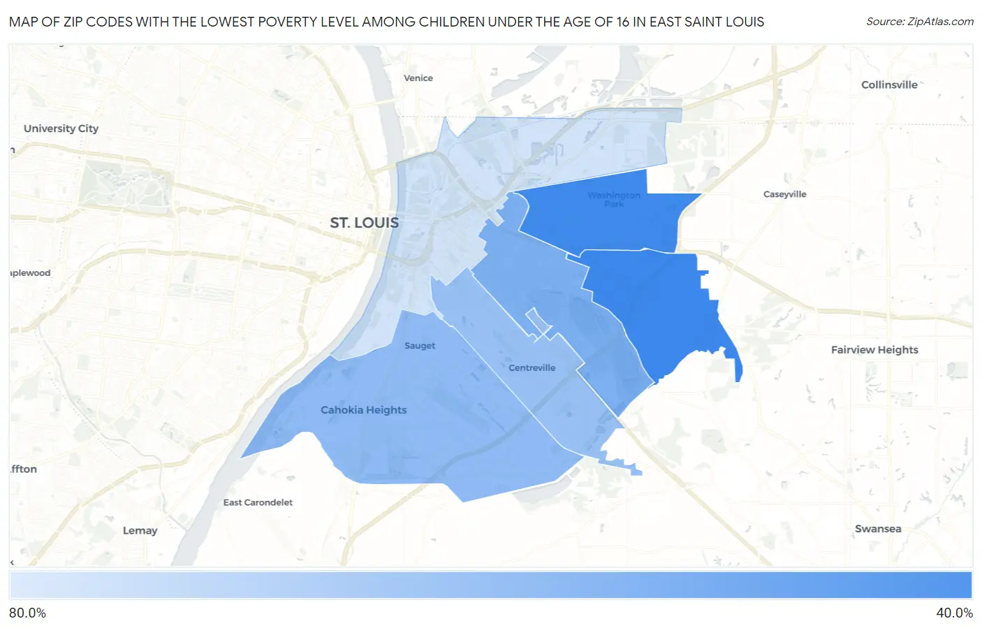 Zip Codes with the Lowest Poverty Level Among Children Under the Age of 16 in East Saint Louis Map