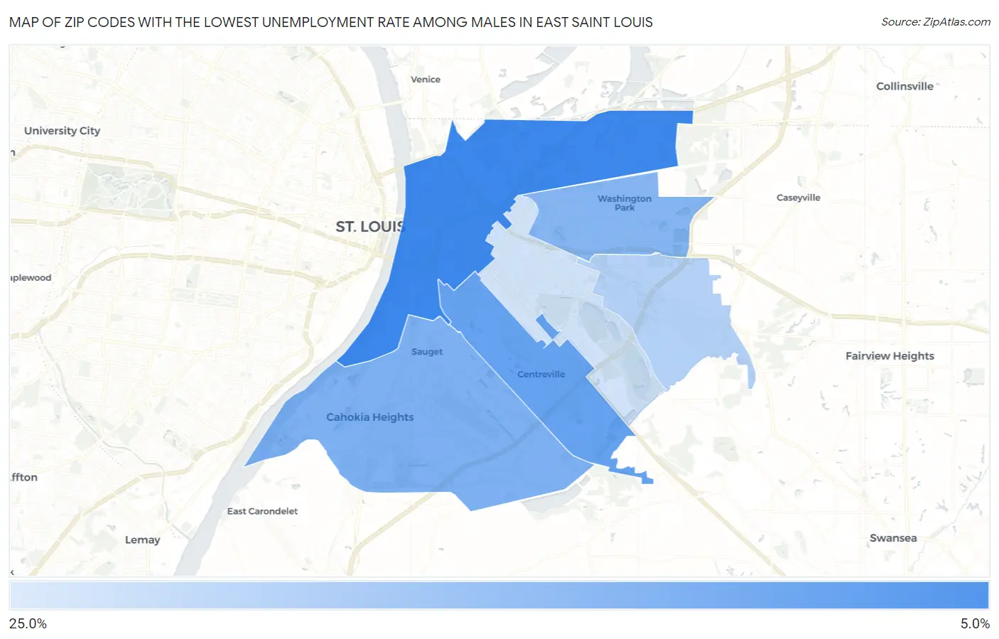Zip Codes with the Lowest Unemployment Rate Among Males in East Saint Louis Map