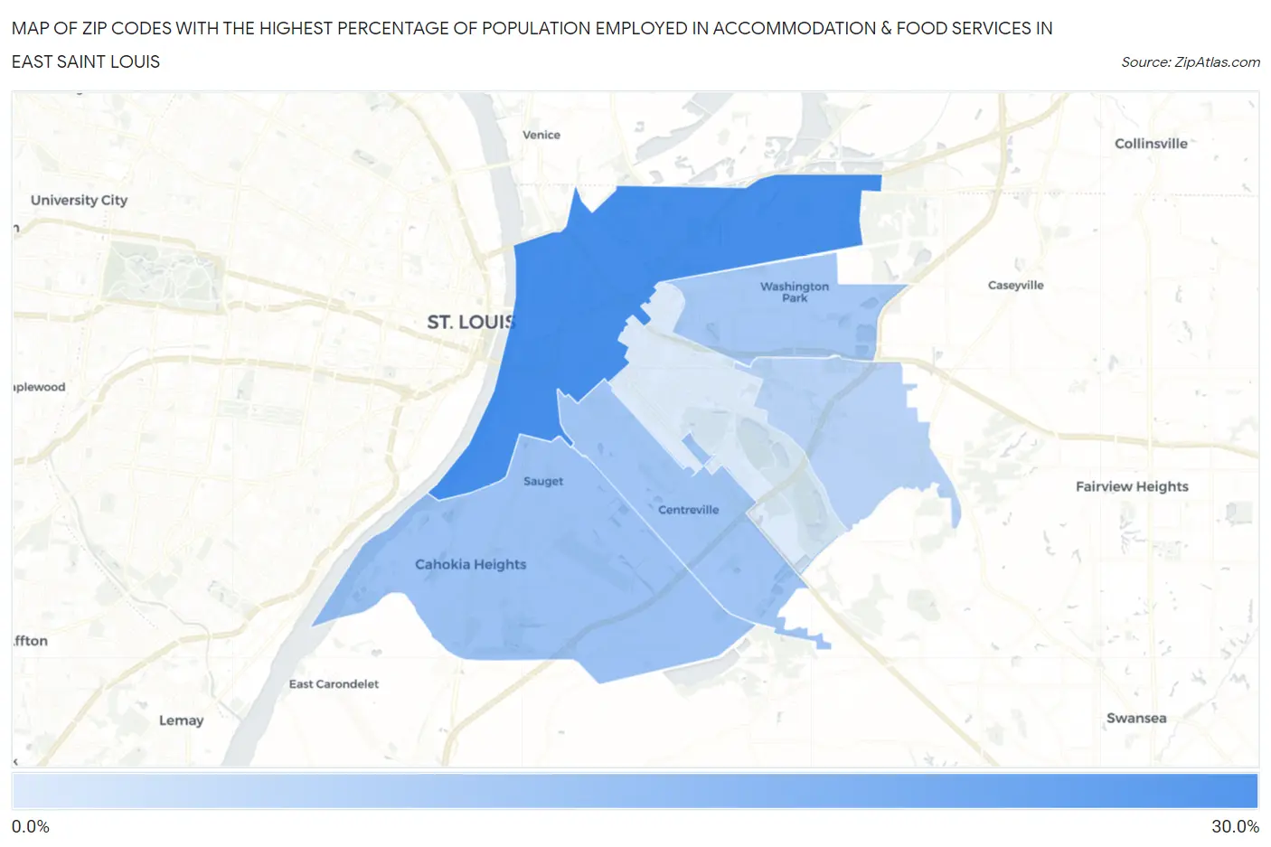 Zip Codes with the Highest Percentage of Population Employed in Accommodation & Food Services in East Saint Louis Map