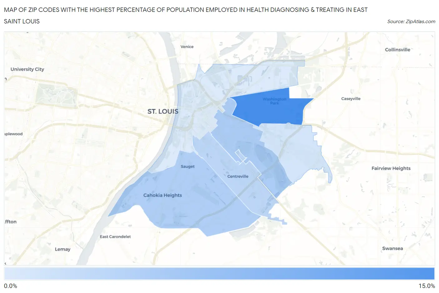 Zip Codes with the Highest Percentage of Population Employed in Health Diagnosing & Treating in East Saint Louis Map