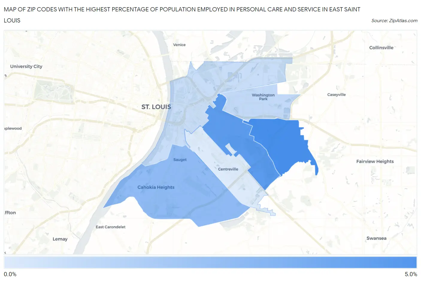 Zip Codes with the Highest Percentage of Population Employed in Personal Care and Service in East Saint Louis Map