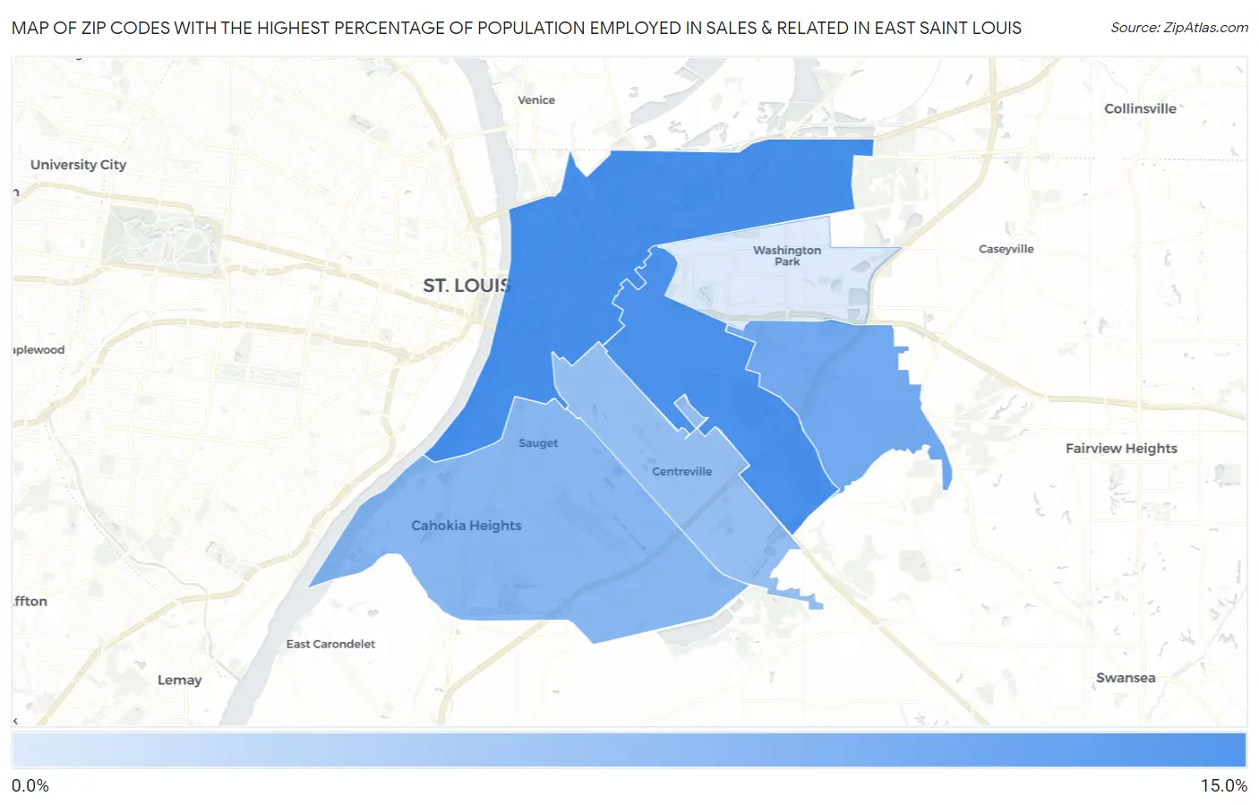 Zip Codes with the Highest Percentage of Population Employed in Sales & Related in East Saint Louis Map
