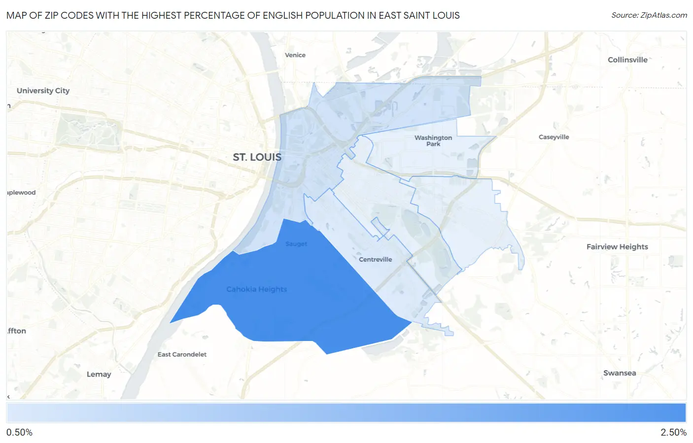 Zip Codes with the Highest Percentage of English Population in East Saint Louis Map