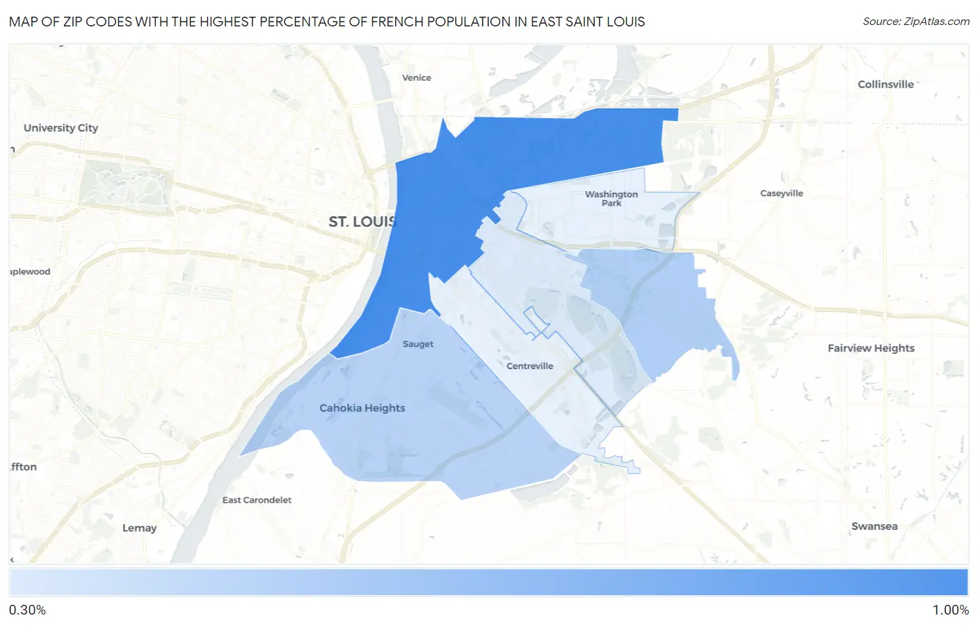 Zip Codes with the Highest Percentage of French Population in East Saint Louis Map