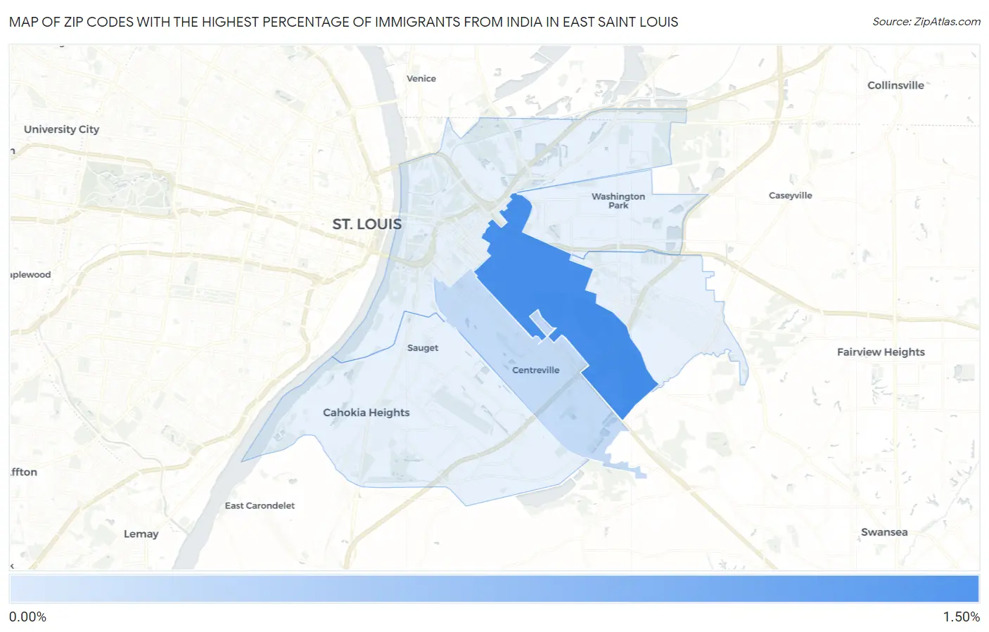 Zip Codes with the Highest Percentage of Immigrants from India in East Saint Louis Map
