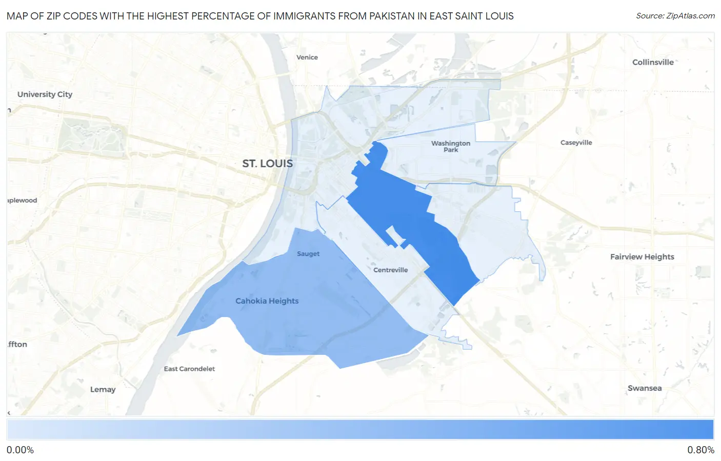 Zip Codes with the Highest Percentage of Immigrants from Pakistan in East Saint Louis Map