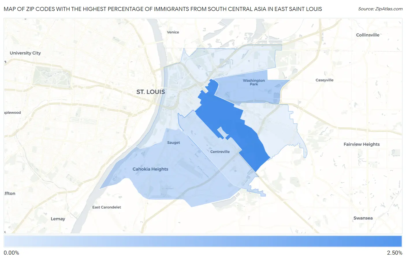 Zip Codes with the Highest Percentage of Immigrants from South Central Asia in East Saint Louis Map