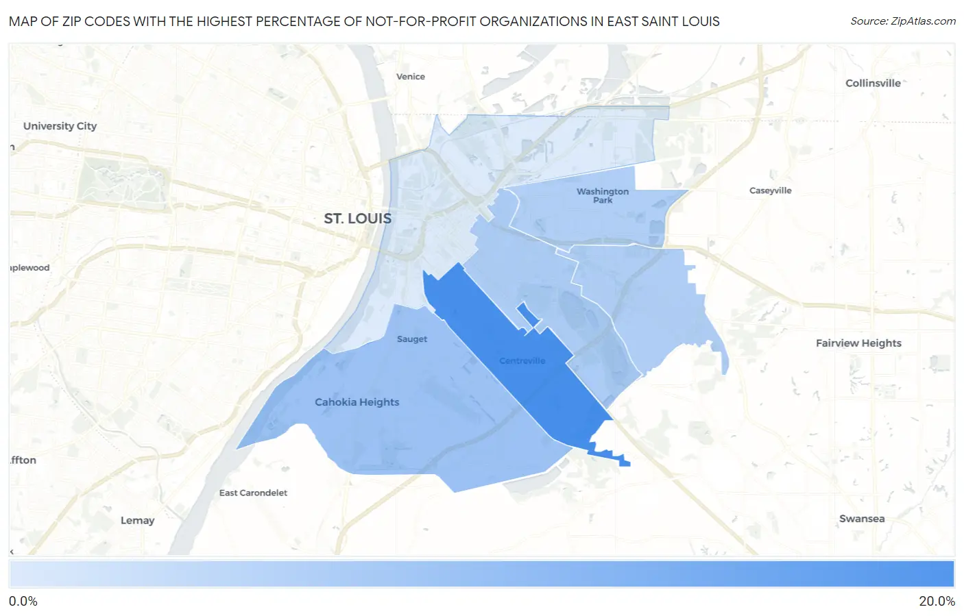 Zip Codes with the Highest Percentage of Not-for-profit Organizations in East Saint Louis Map