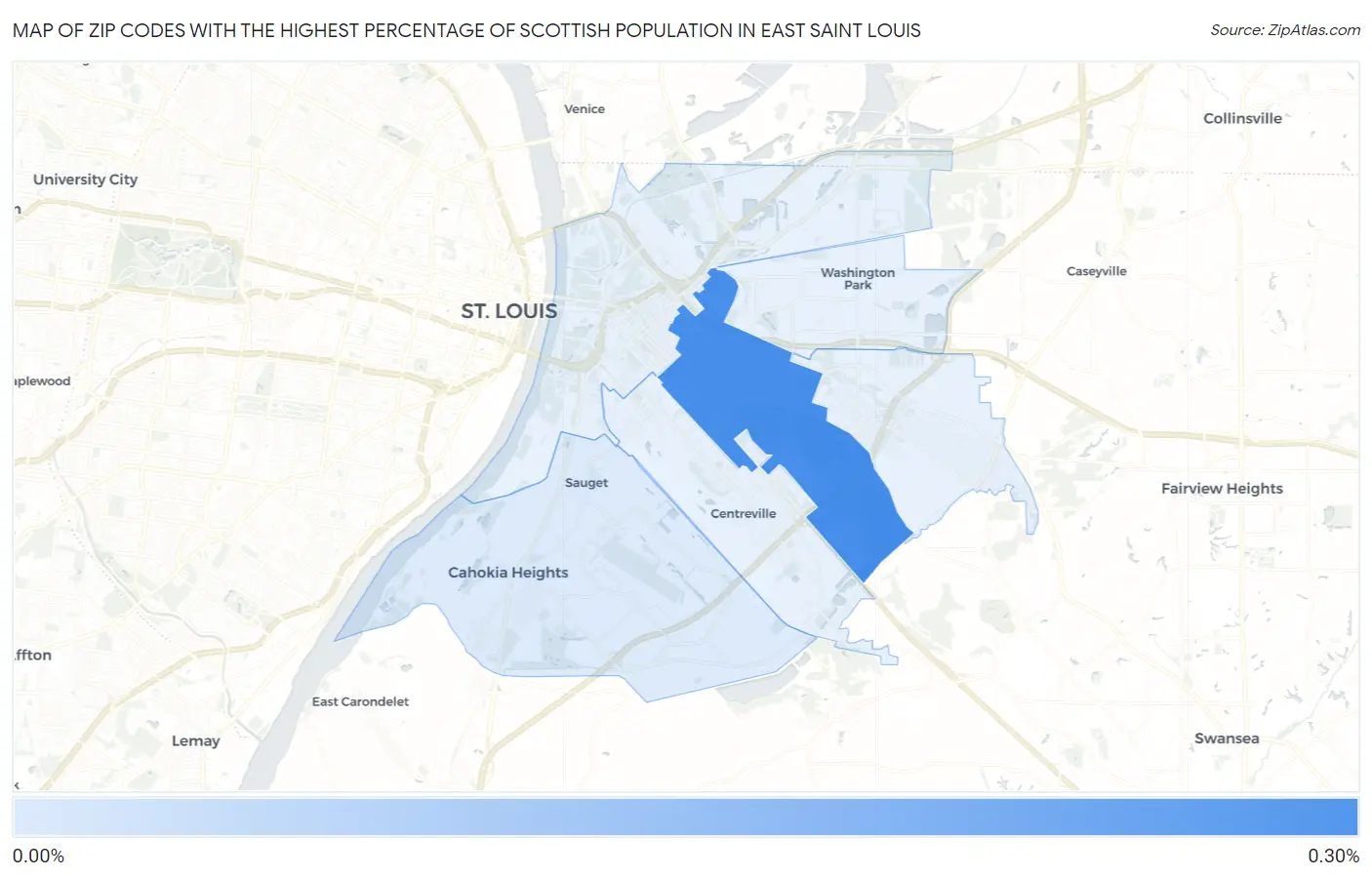 Zip Codes with the Highest Percentage of Scottish Population in East Saint Louis Map