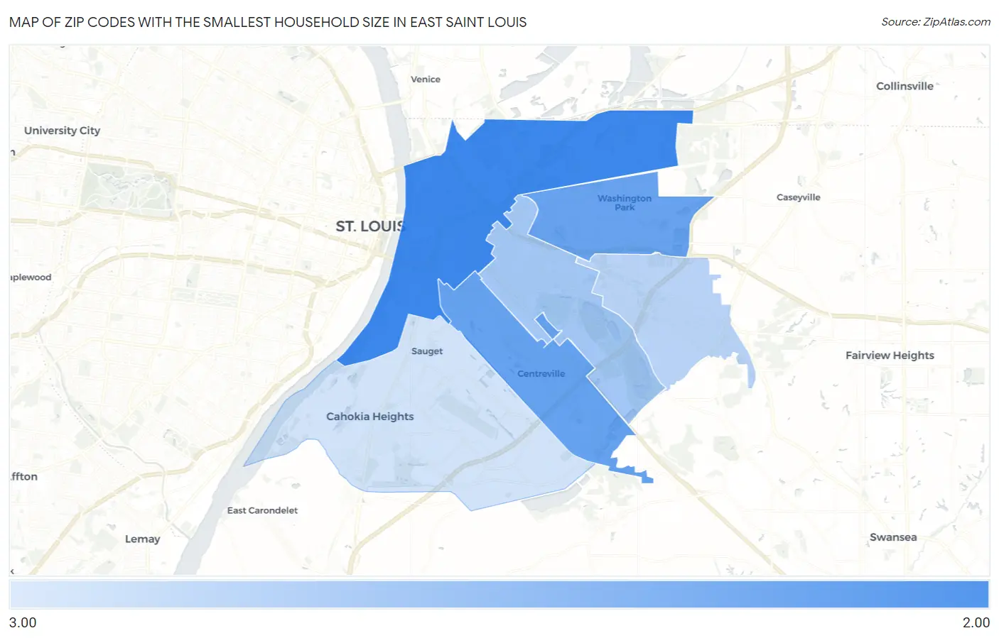Zip Codes with the Smallest Household Size in East Saint Louis Map