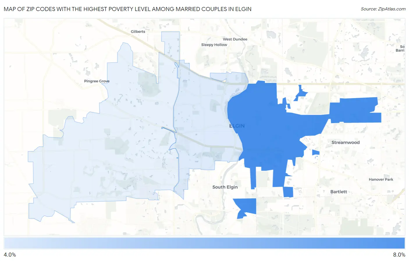 Zip Codes with the Highest Poverty Level Among Married Couples in Elgin Map