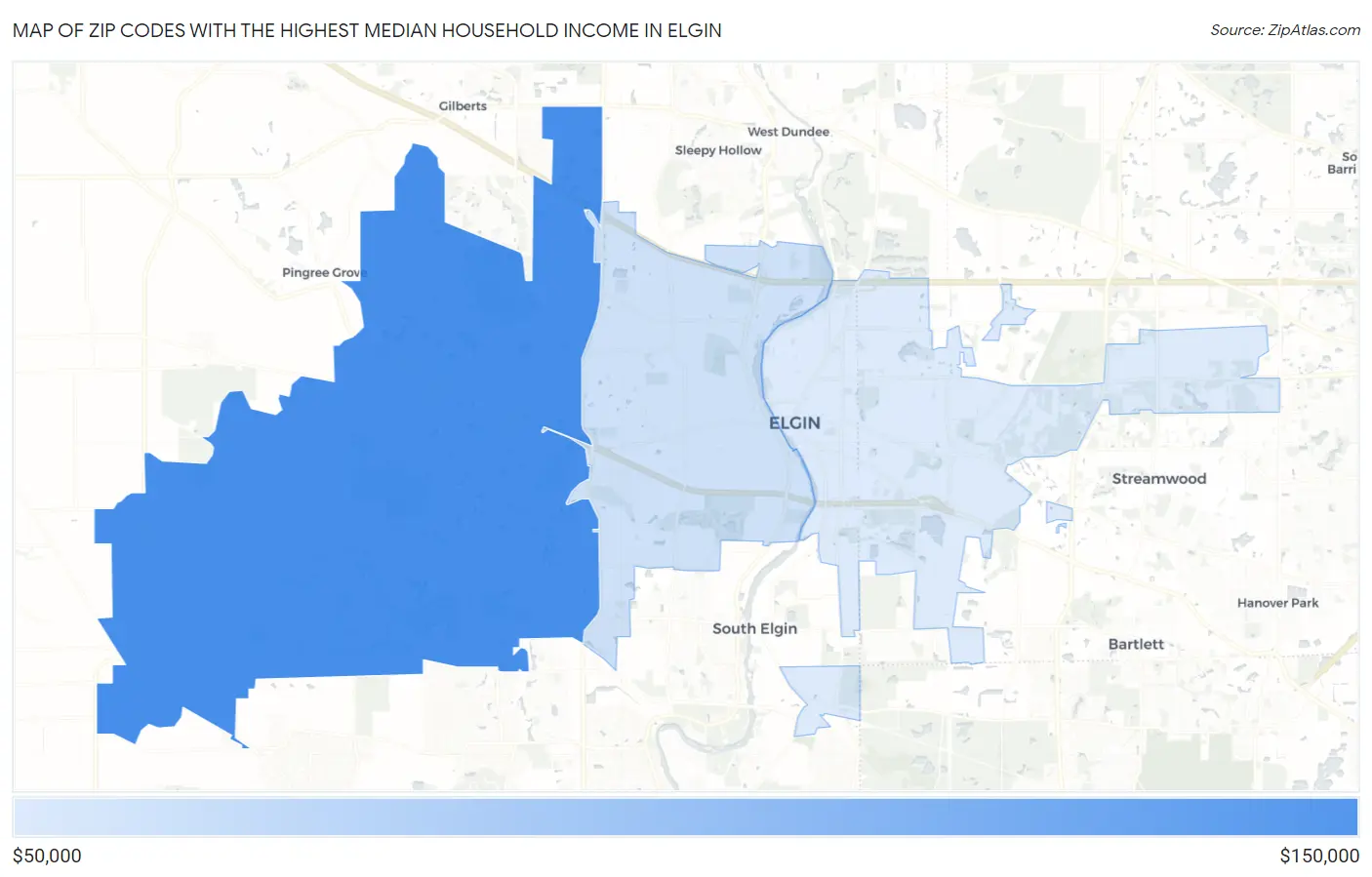 Zip Codes with the Highest Median Household Income in Elgin Map