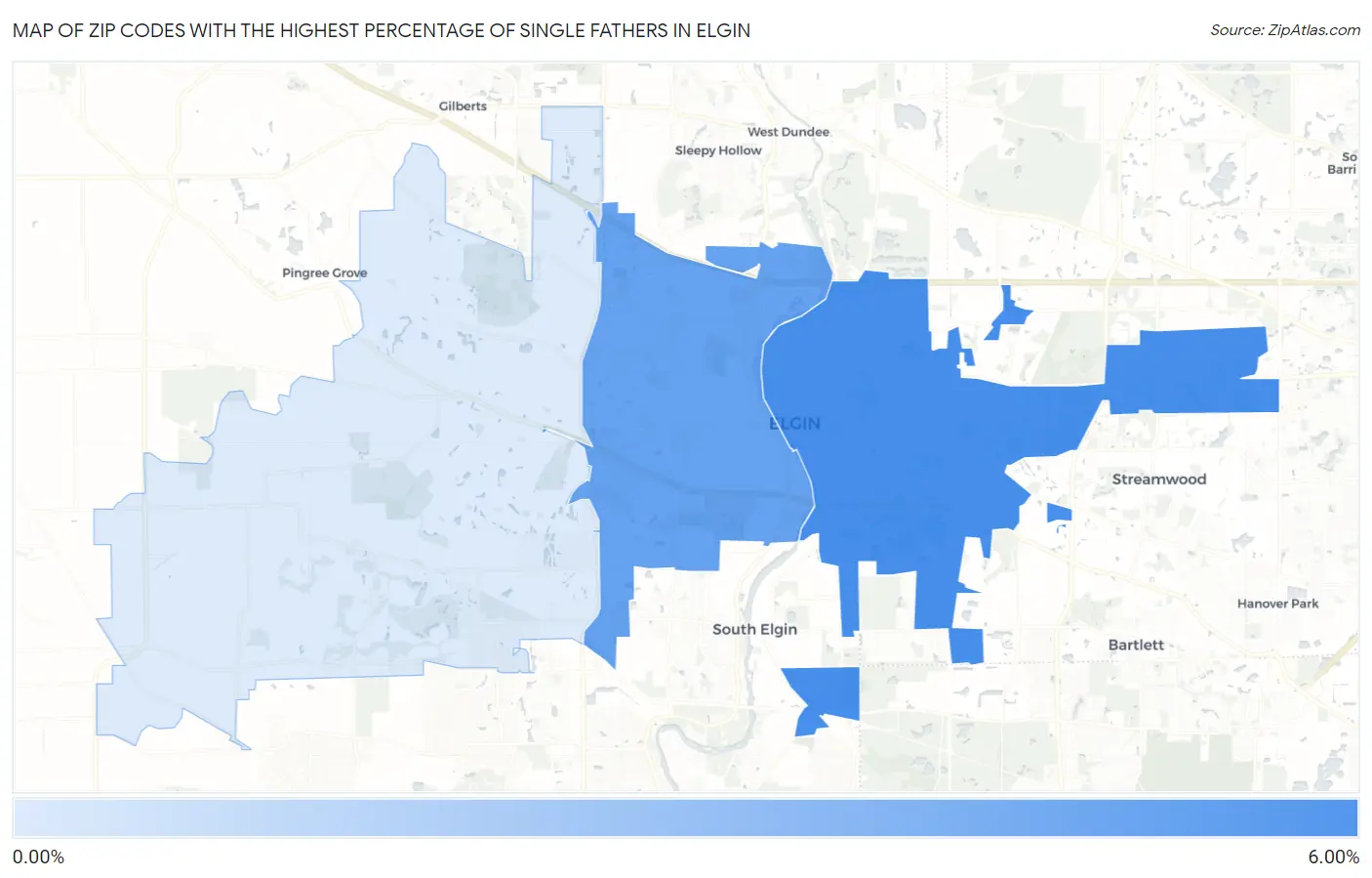 Zip Codes with the Highest Percentage of Single Fathers in Elgin Map