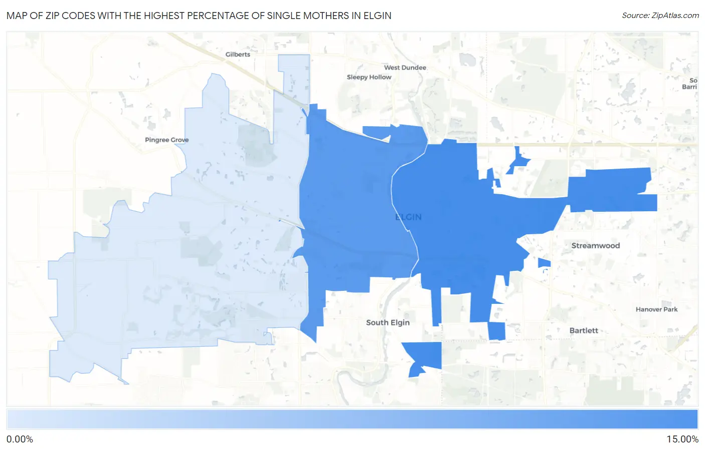 Zip Codes with the Highest Percentage of Single Mothers in Elgin Map