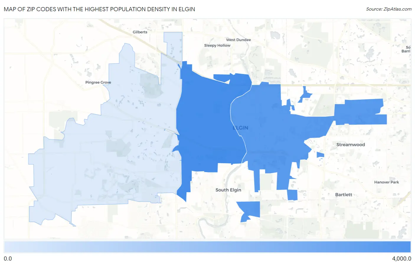 Zip Codes with the Highest Population Density in Elgin Map
