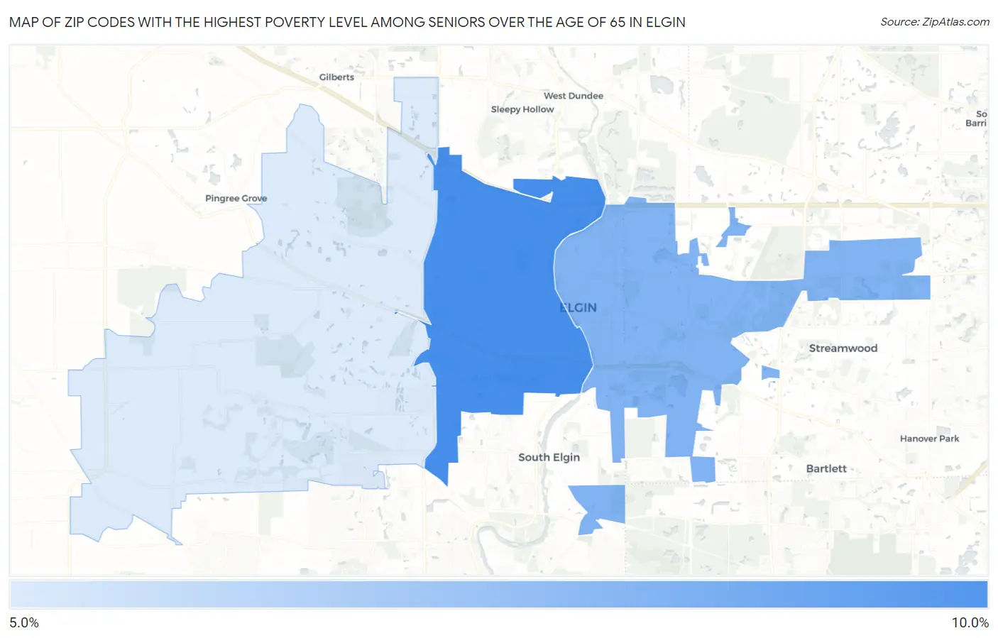 Zip Codes with the Highest Poverty Level Among Seniors Over the Age of 65 in Elgin Map