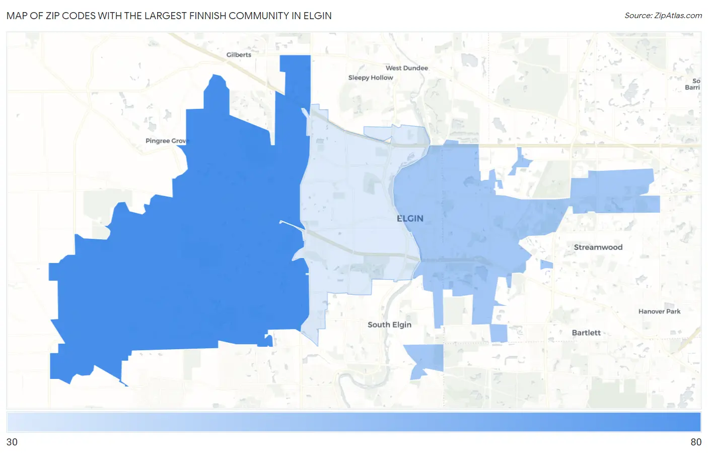 Zip Codes with the Largest Finnish Community in Elgin Map