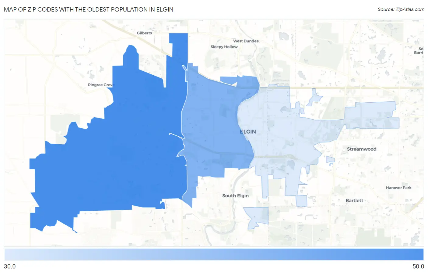 Zip Codes with the Oldest Population in Elgin Map