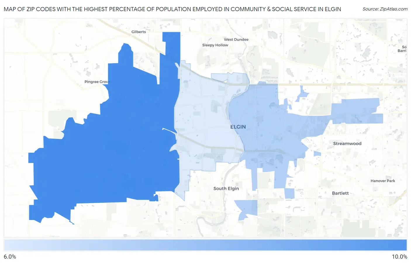 Zip Codes with the Highest Percentage of Population Employed in Community & Social Service  in Elgin Map