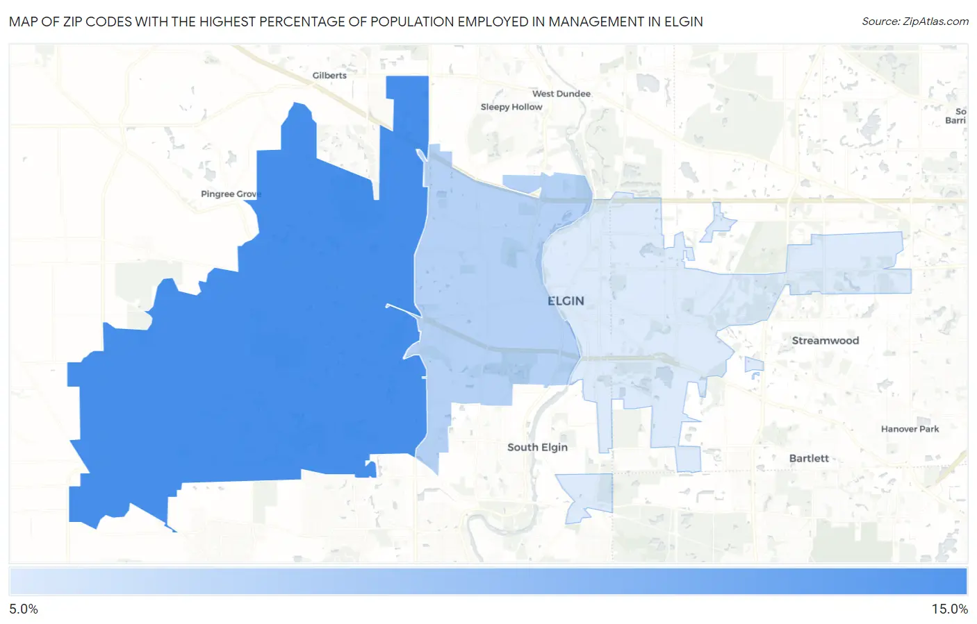 Zip Codes with the Highest Percentage of Population Employed in Management in Elgin Map