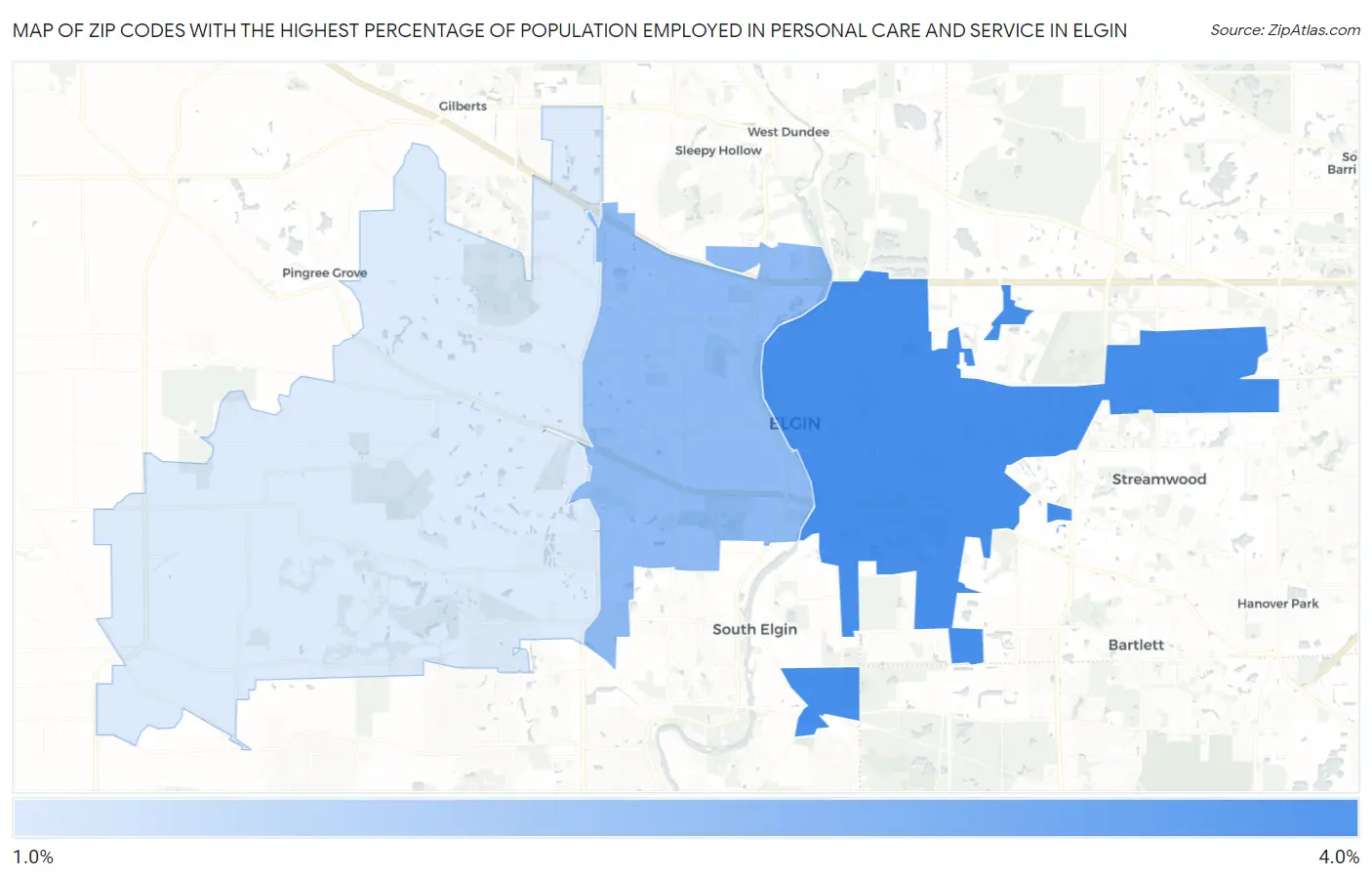 Zip Codes with the Highest Percentage of Population Employed in Personal Care and Service in Elgin Map