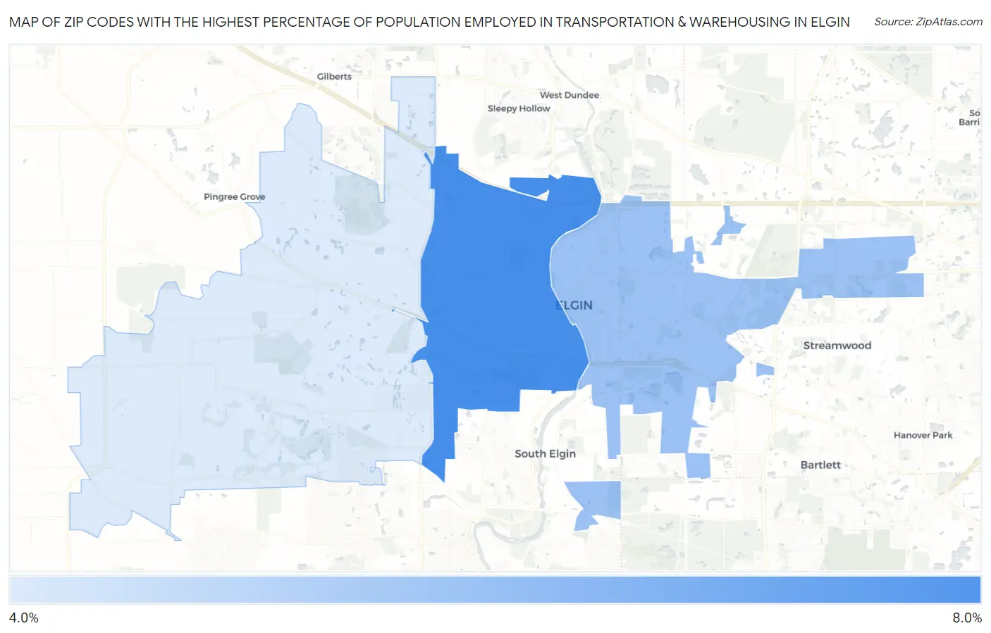 Zip Codes with the Highest Percentage of Population Employed in Transportation & Warehousing in Elgin Map