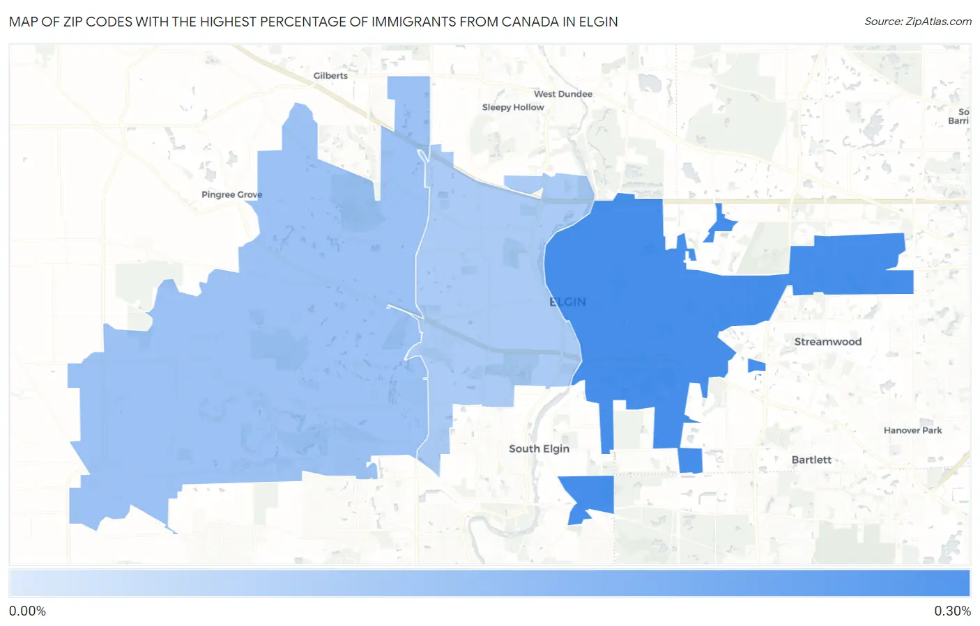 Zip Codes with the Highest Percentage of Immigrants from Canada in Elgin Map