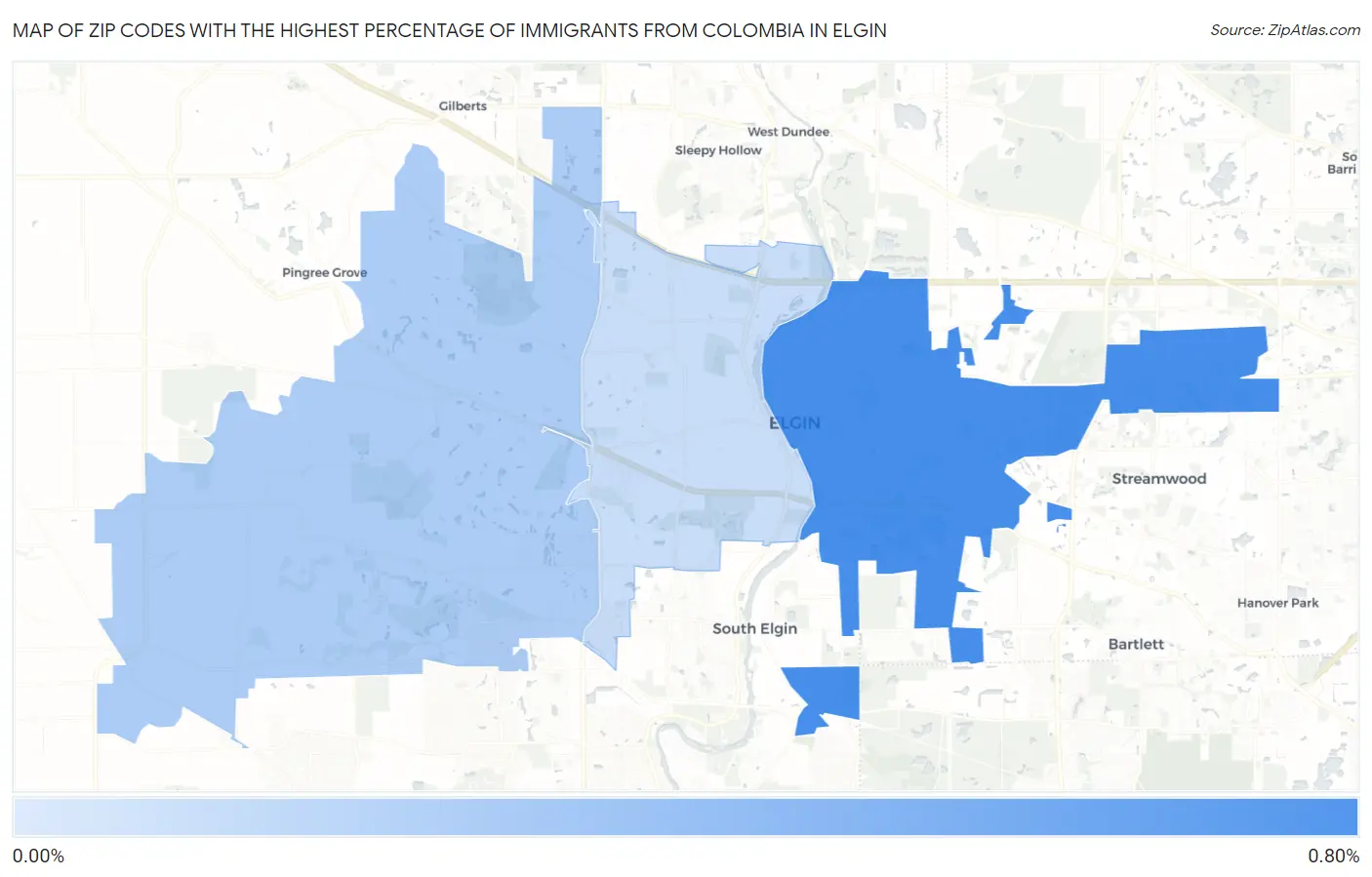 Zip Codes with the Highest Percentage of Immigrants from Colombia in Elgin Map