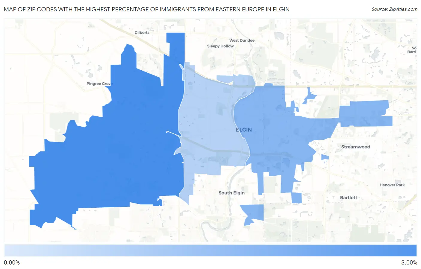Zip Codes with the Highest Percentage of Immigrants from Eastern Europe in Elgin Map