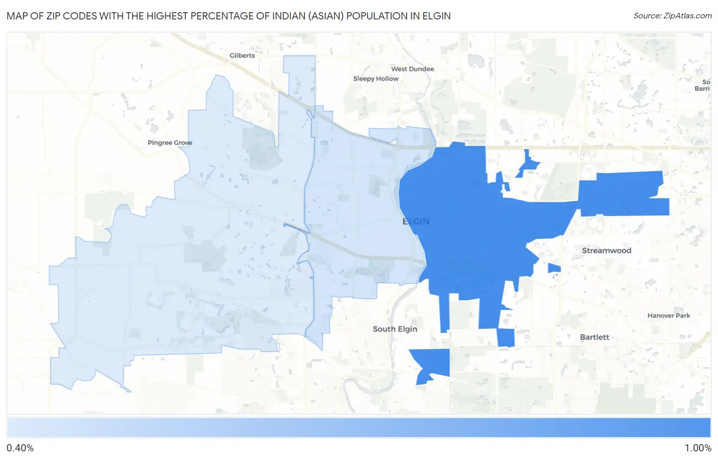 Zip Codes with the Highest Percentage of Indian (Asian) Population in Elgin Map