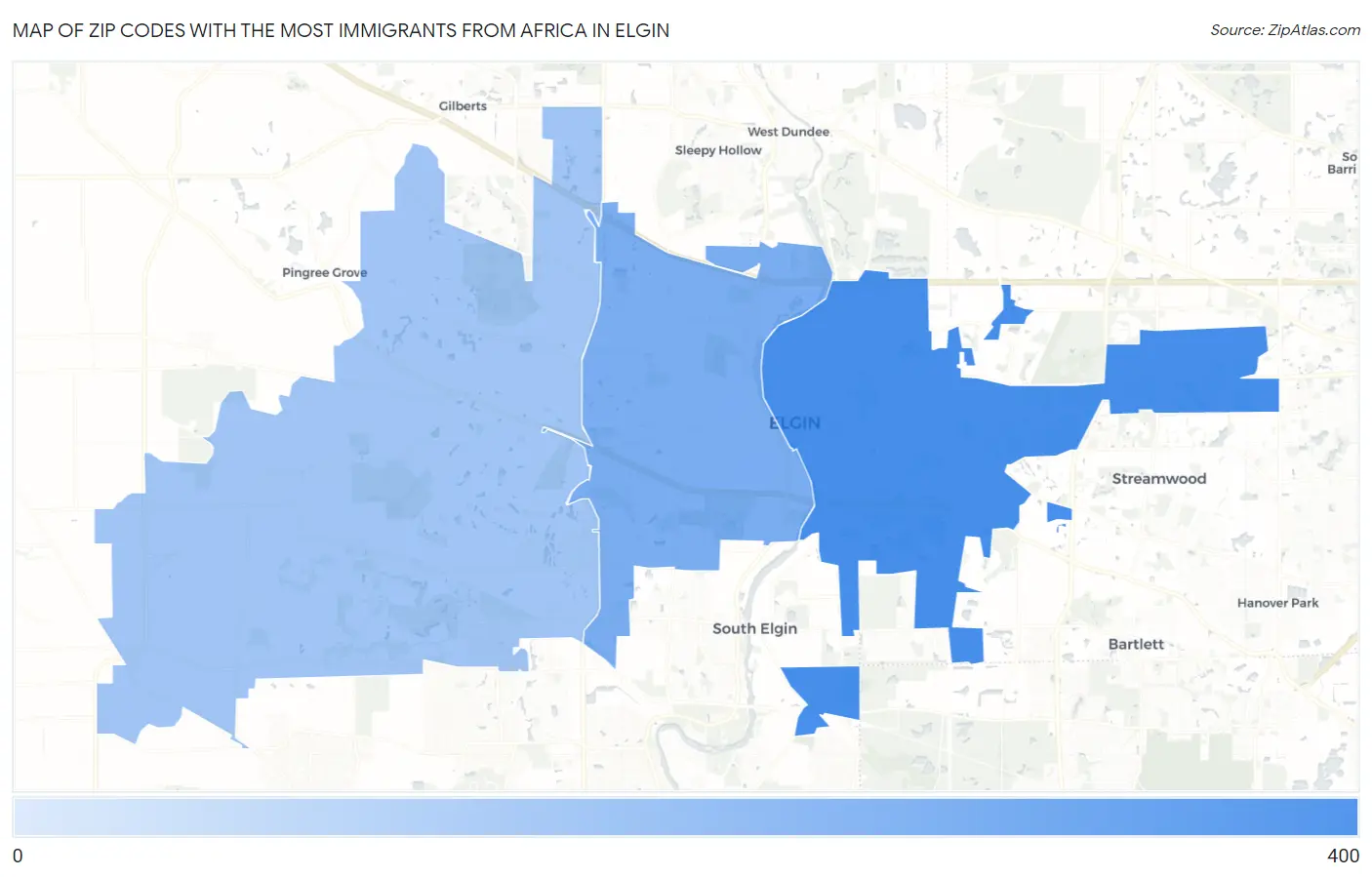 Zip Codes with the Most Immigrants from Africa in Elgin Map
