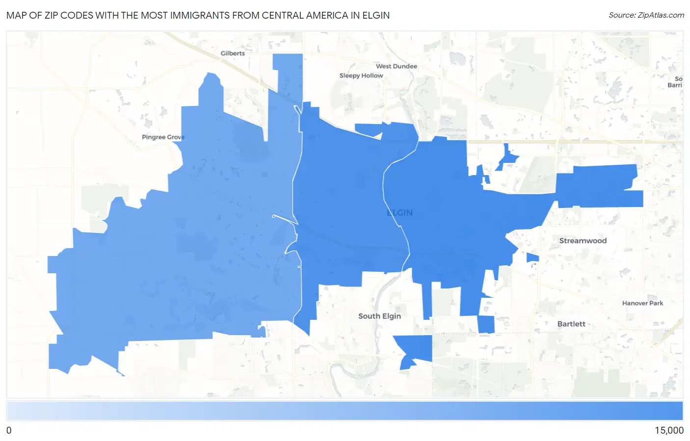 Zip Codes with the Most Immigrants from Central America in Elgin Map