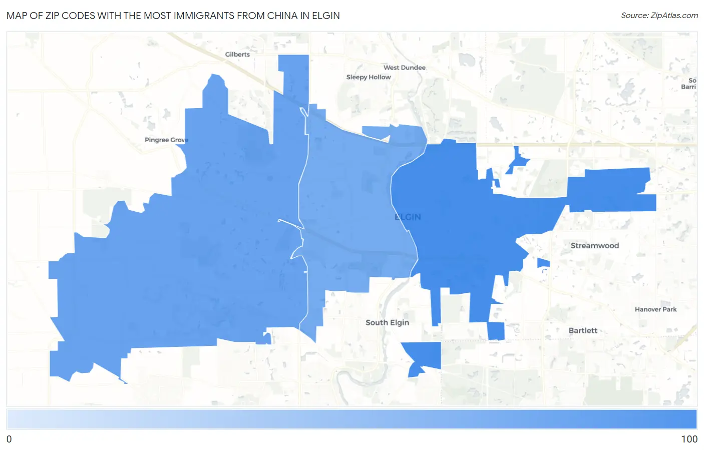Zip Codes with the Most Immigrants from China in Elgin Map