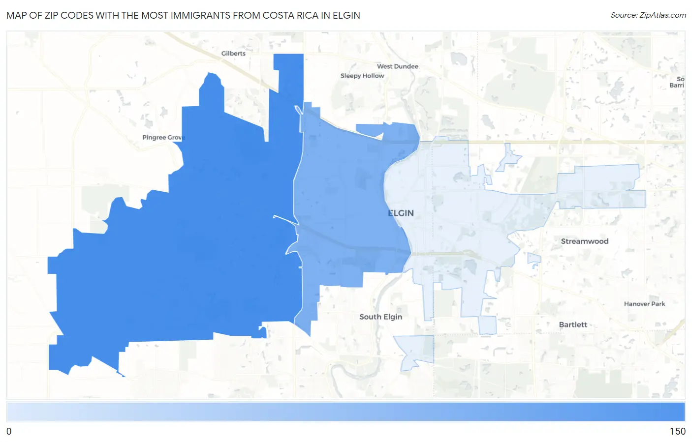 Zip Codes with the Most Immigrants from Costa Rica in Elgin Map