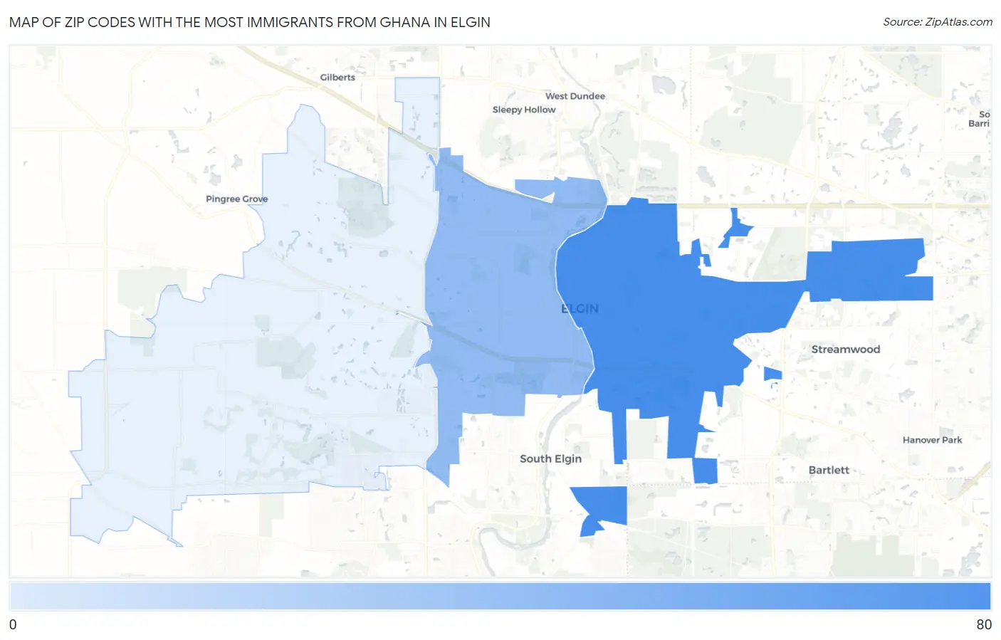 Zip Codes with the Most Immigrants from Ghana in Elgin Map