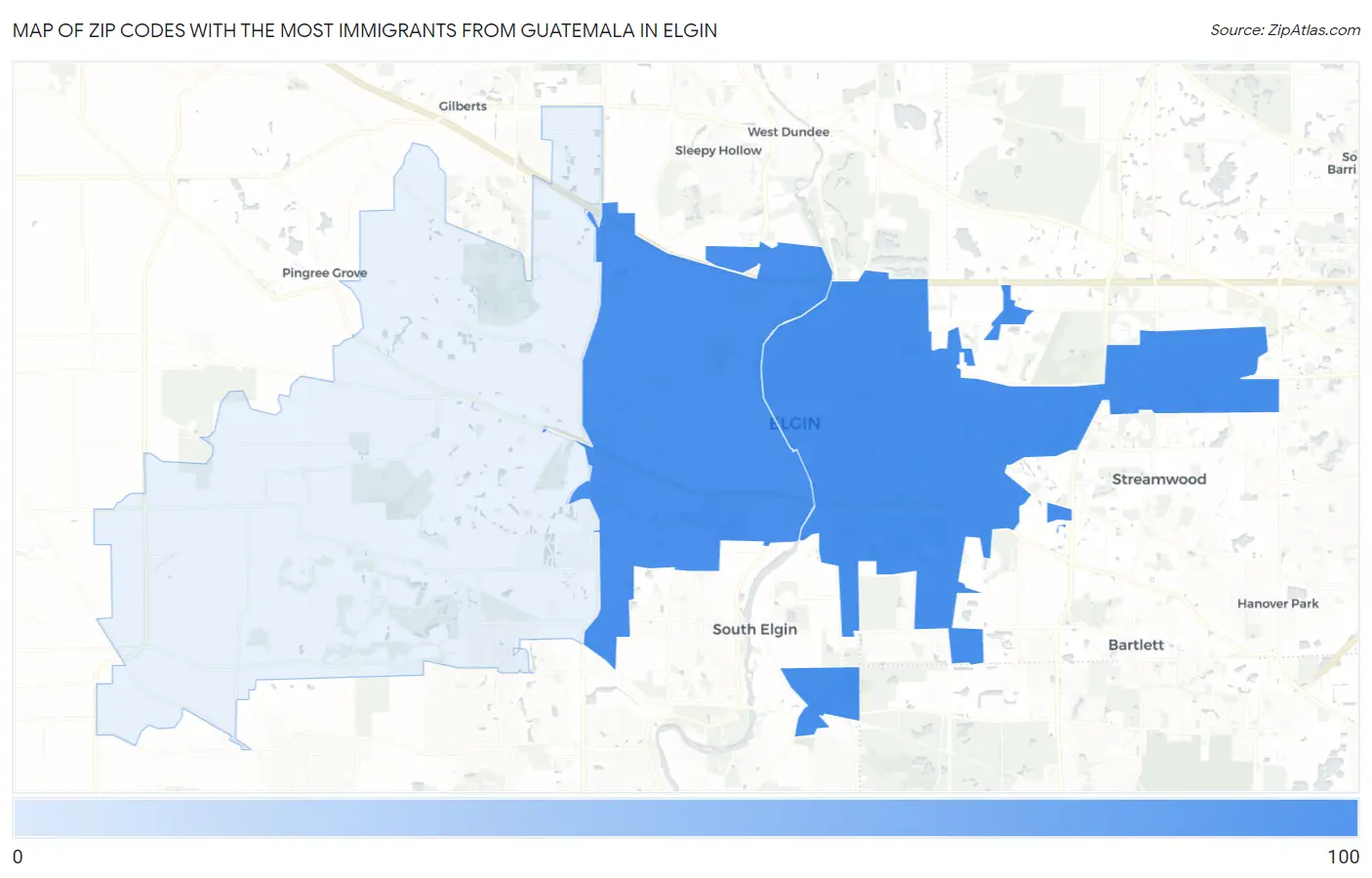 Zip Codes with the Most Immigrants from Guatemala in Elgin Map